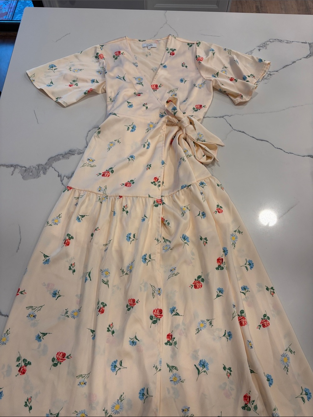 mbyM Cream Floral Wrap Maxi Dress with Red & Blue Blooms